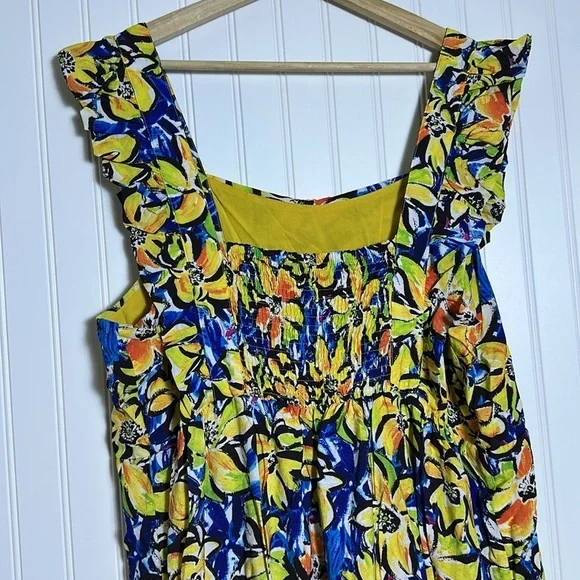 Skies are Blue Curvy, Size 1X floral Midi  dress, lined smoked Back ruffle trim - Picture 7 of 13